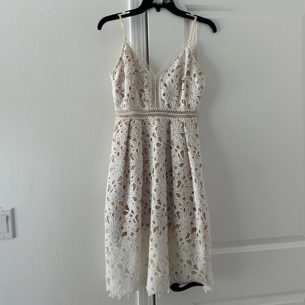 Aqua White Floral Lace Appliqué Dress XS